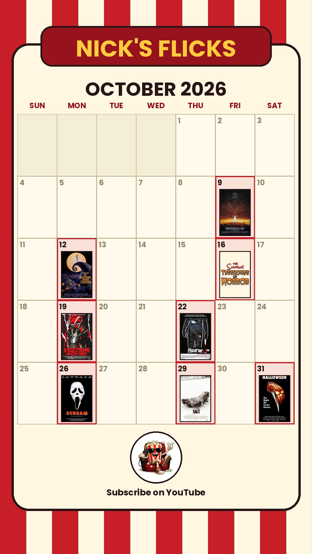 Nick's Flicks October 2026 schedule: Independence Day Oct 9, Nightmare Before Christmas Oct 12, The Simpsons Treehouse of Horror Oct 16, A Nightmare on Elm Street Oct 19, Friday the 13th Oct 22, Scream Oct 26, Saw Oct 29, Halloween Oct 31